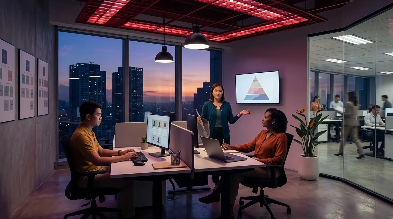 HR shared services team reviews payroll and benefits tasks in Manila office hub