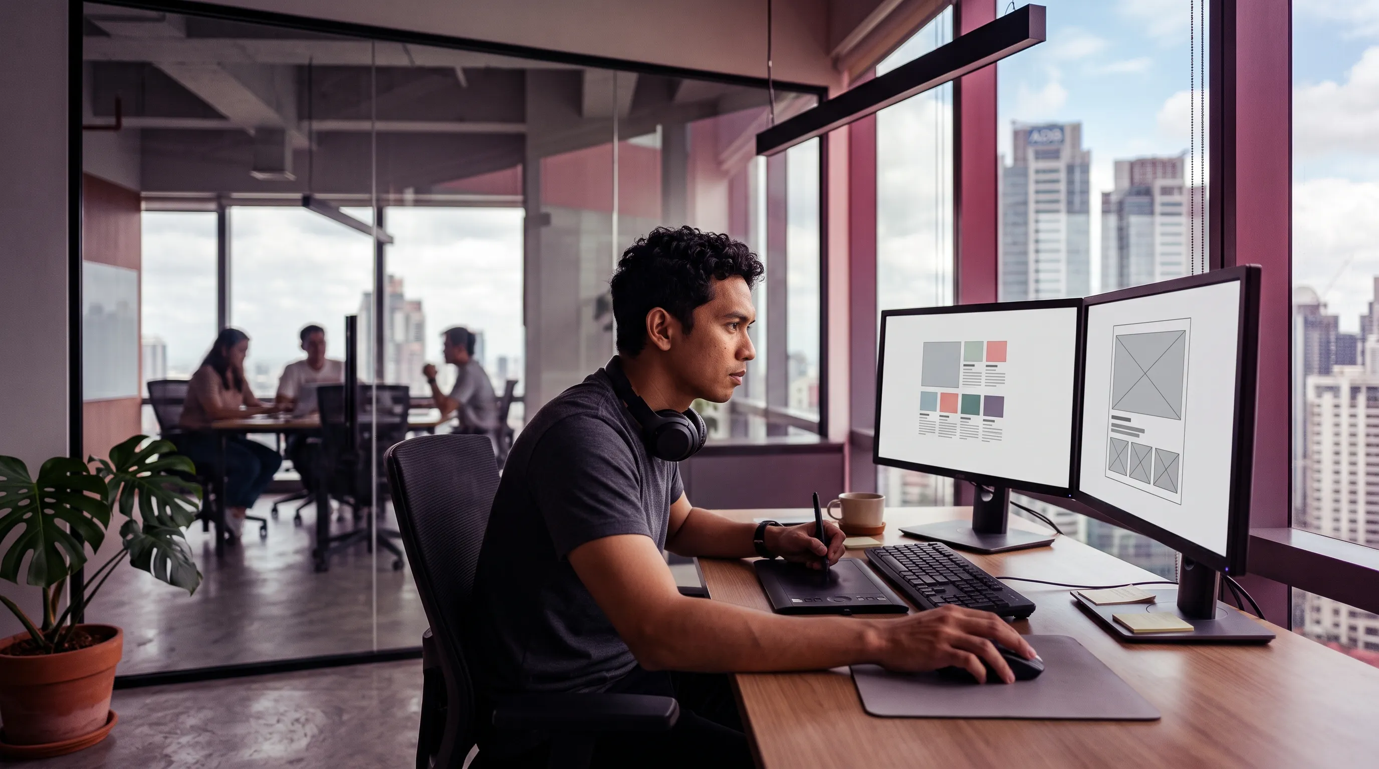 A Filipino web designer works intently at a dual-monitor setup in a sunlit Ortigas office, adjusting a layout mockup mid-task.