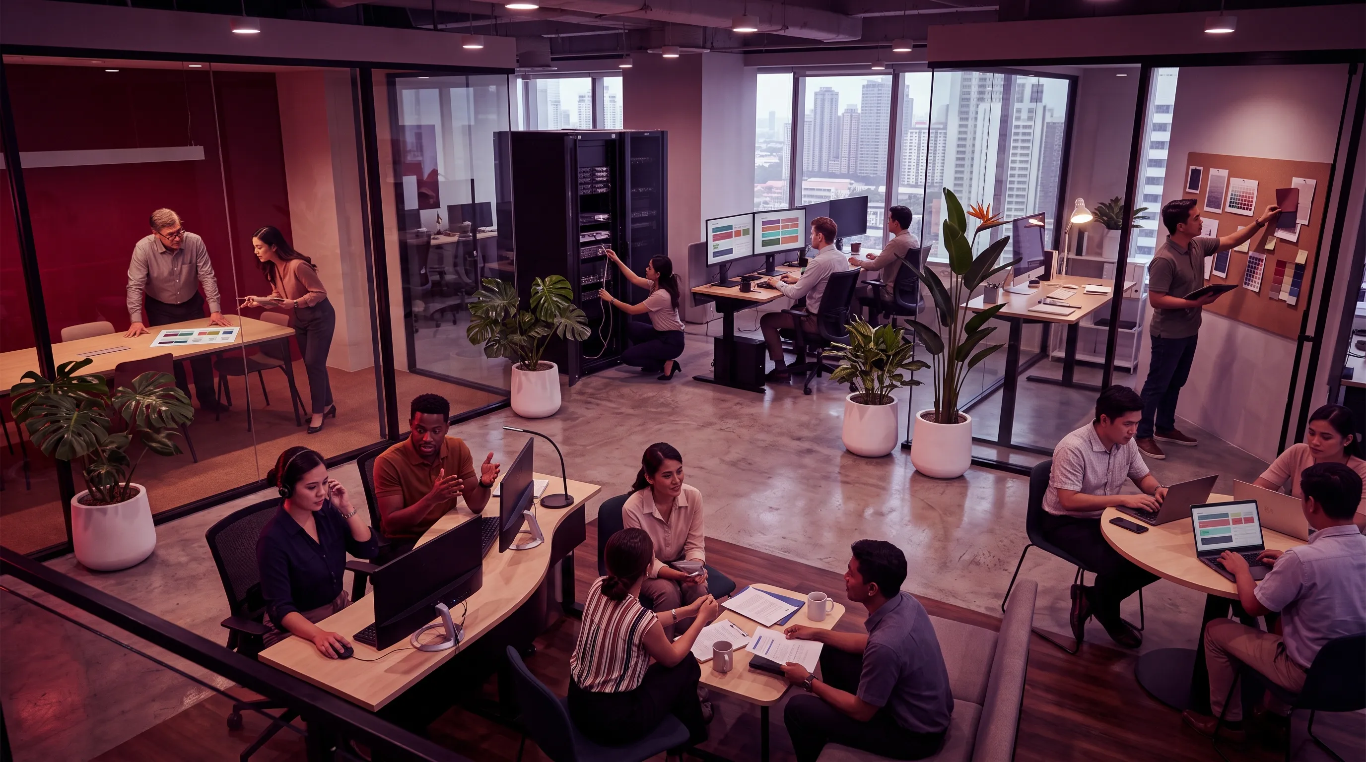 Realistic elevated view of a modern Ortigas office floor divided into six zoned departments — customer support, accounting, IT, HR, creative, and retail — under a cinematic crimson-and-purple editorial color grade, without overhead light fixtures