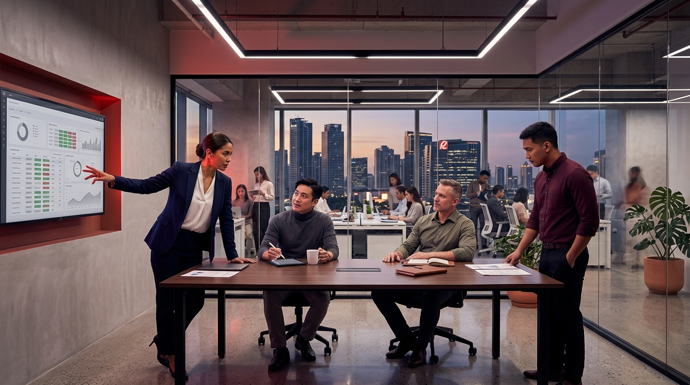 A professional operations team of four is in a corporate editorial photography session within a sleek Ortigas office, overlooking a detailed Metro Manila skyline at dusk. One woman stands and presents data on a wall screen to two seated colleagues and one standing colleague, all posed at a dark wood conference table.