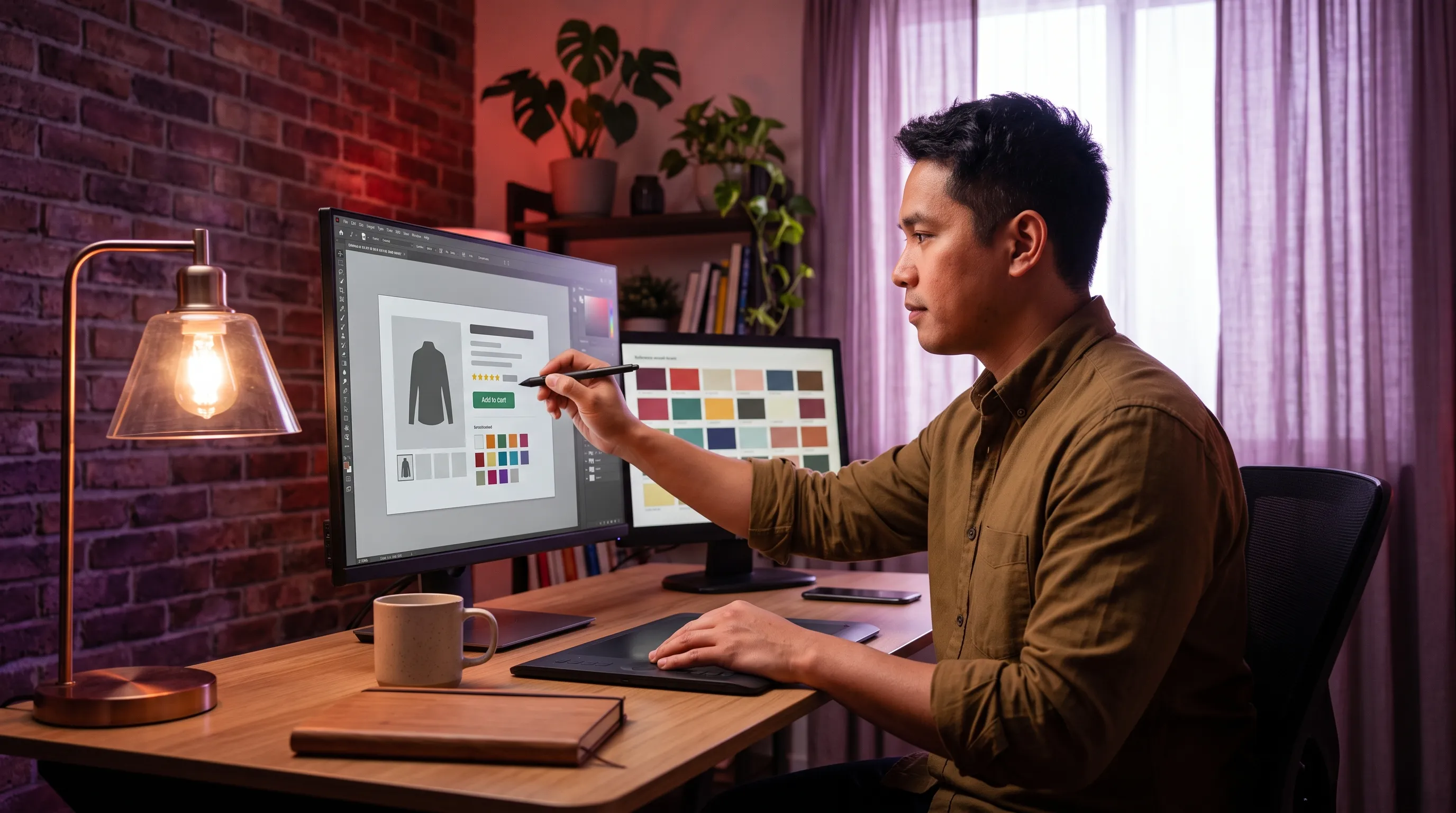 An ecommerce graphic designer working from a home office bathed in cinematic crimson-and-purple tones, adjusting a product page layout with a single stylus.