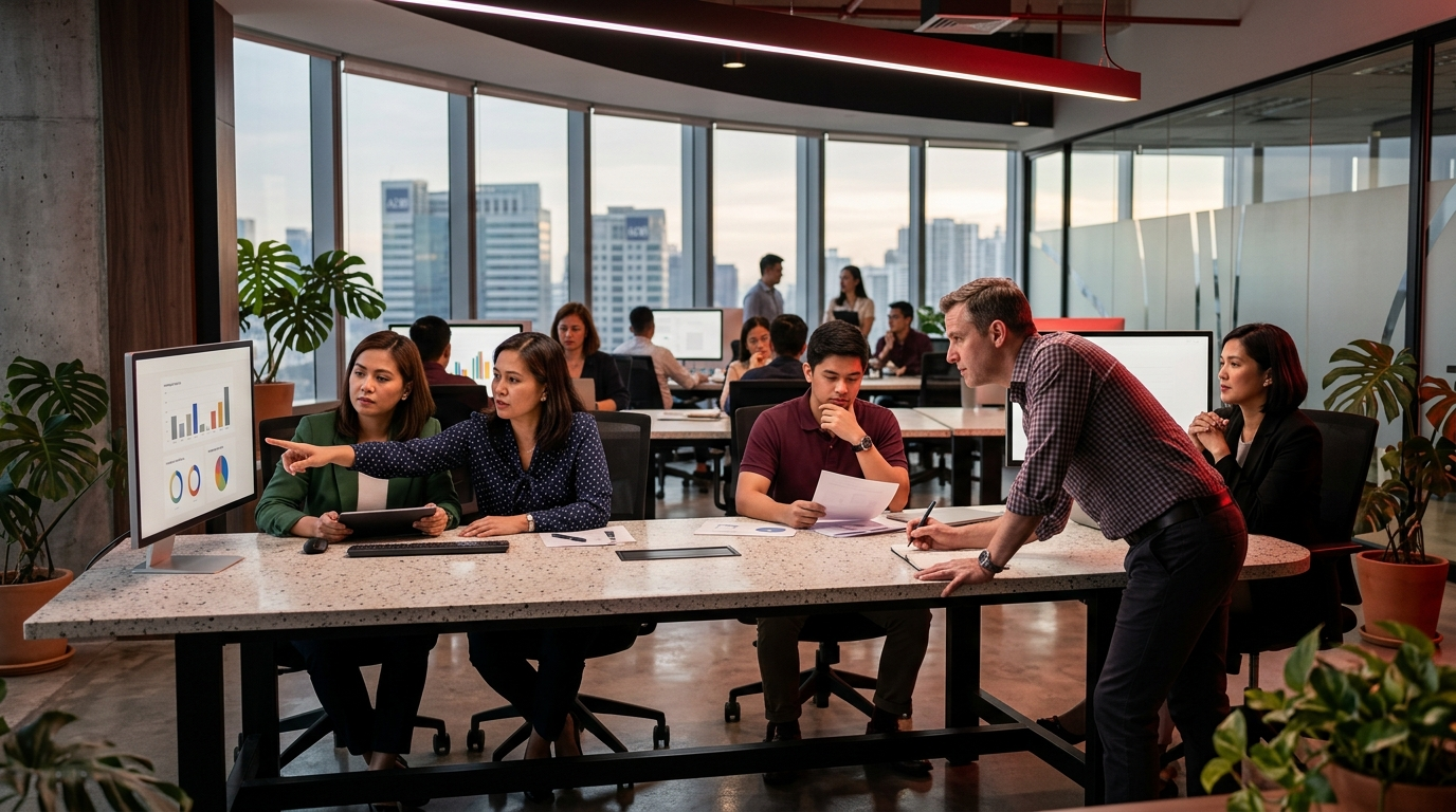 A Filipino digital marketing team collaborates with a foreign executive over analytics dashboards in a modern Metro Manila high-rise office. Highlighting strategic synergy, the scene illustrates the key benefits of outsourcing digital marketing to the Philippines.