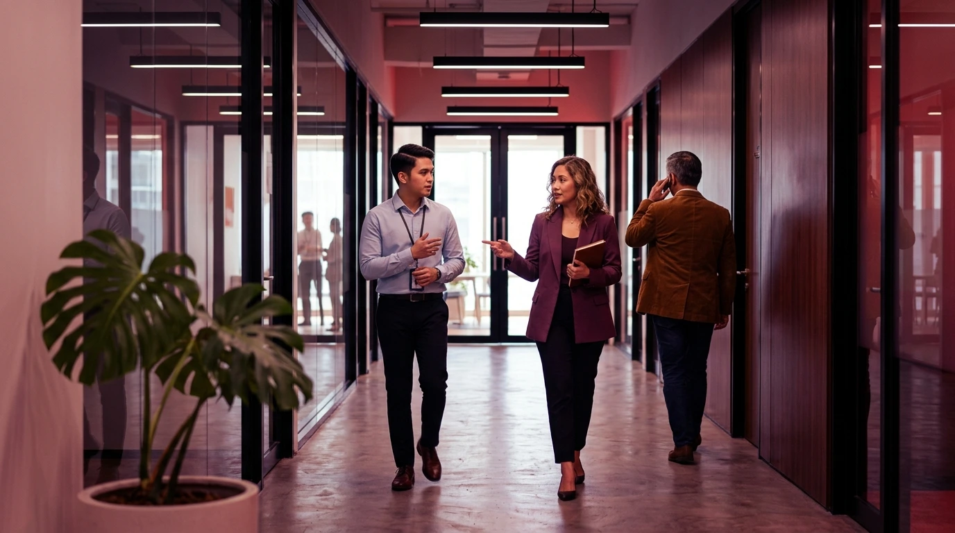 What is a BPO company? An ops lead walks a new dedicated team member through a process in a glass office corridor.