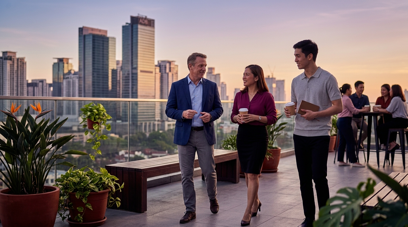 Staff augmentation team members share a laugh and coffee on a rooftop terrace at golden hour with a city skyline behind.
