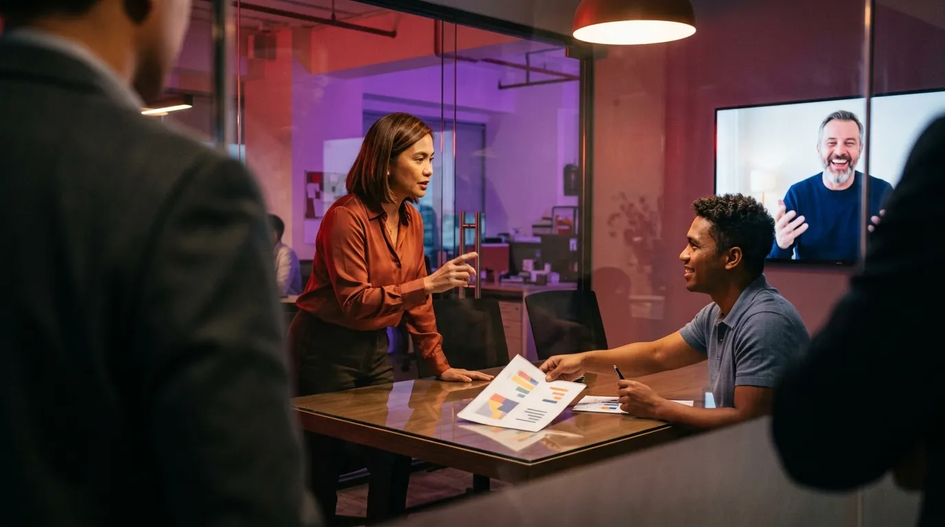 Manila team lead walks a remote client through a plan on a video wall while a colleague slides a chart across the glass table.