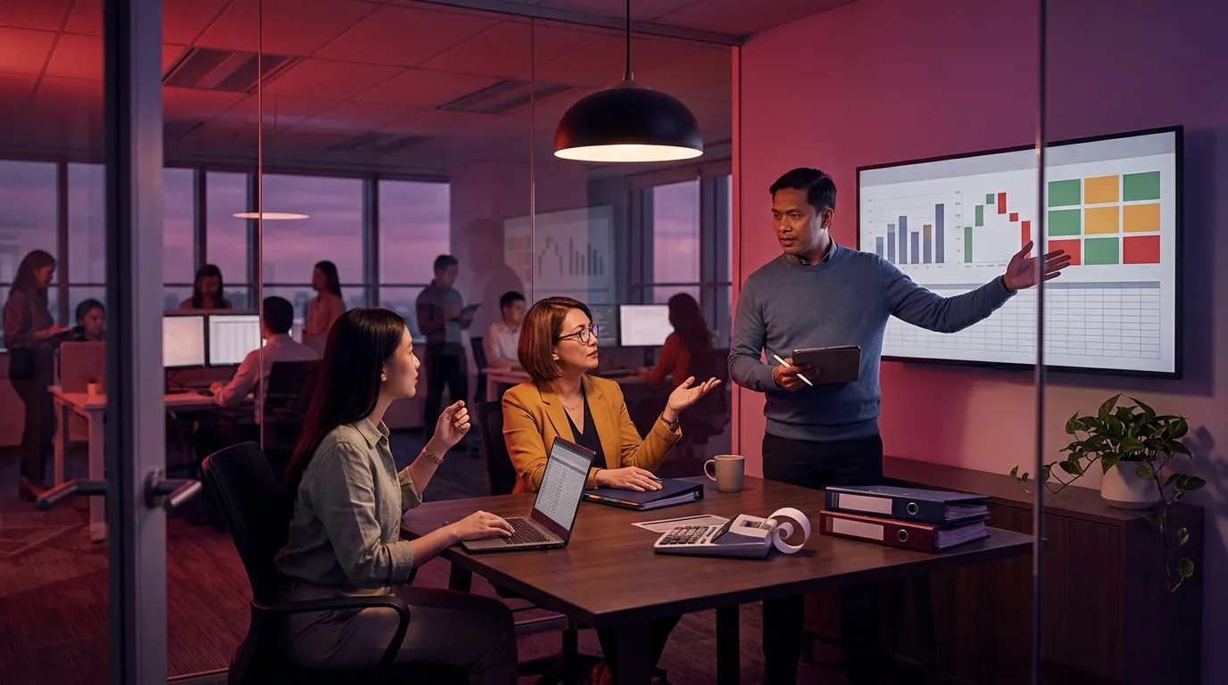 A cost accountant explains a red variance tile on a dashboard as his manager questions and a colleague checks her laptop.