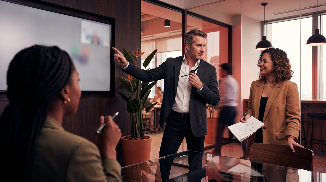 Help desk agent explains a fix to a colleague beside a video-call wall in an outsourced help desk services team.