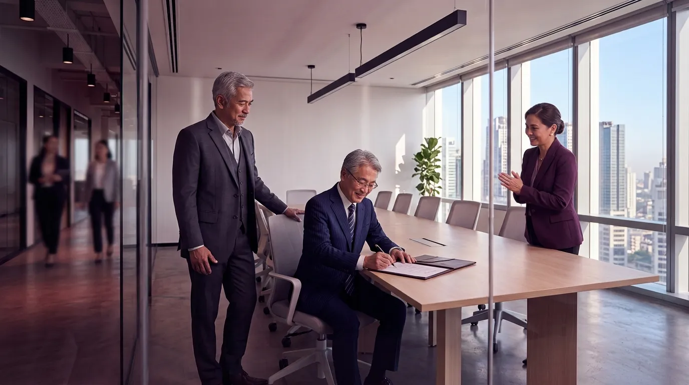 A visiting executive signs a document as two senior leaders look on in a bright, spacious conference room.