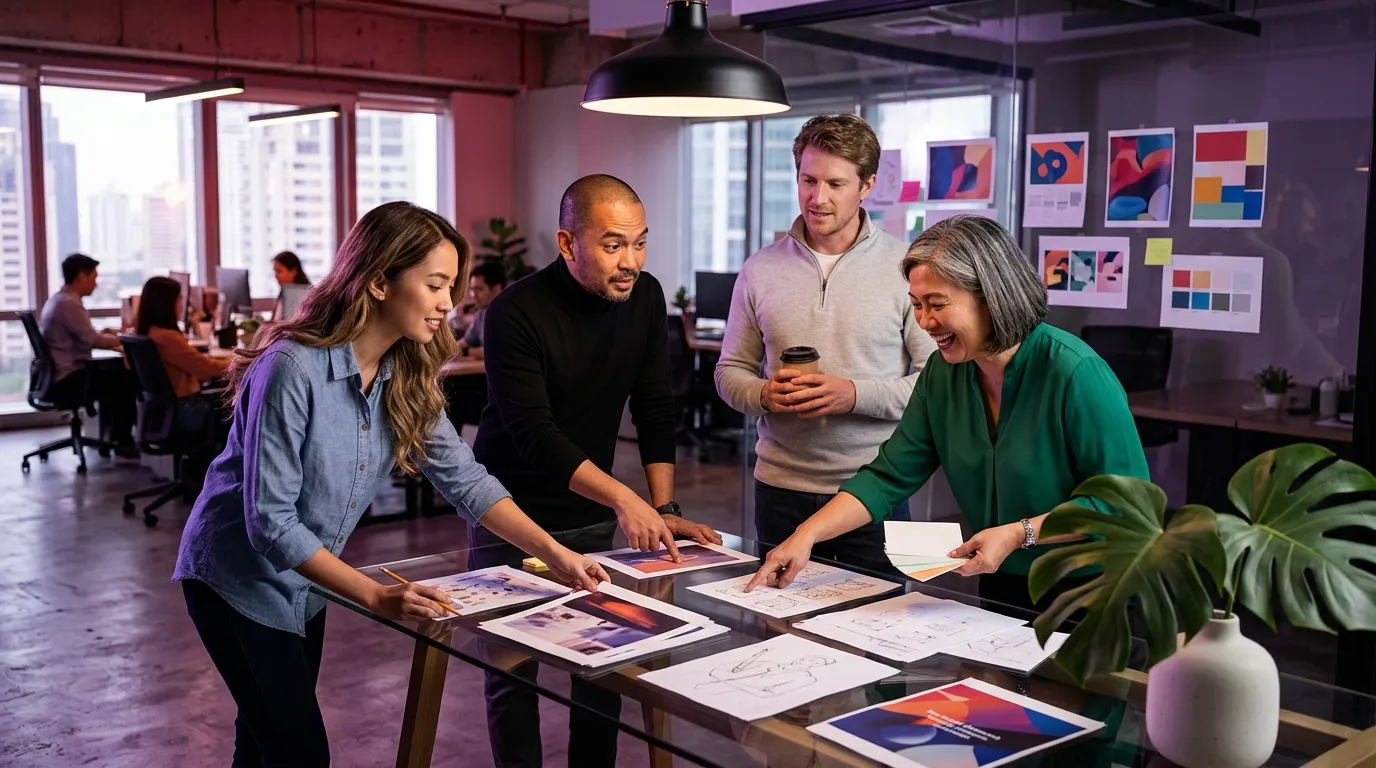 A graphic designer in the Philippines walks an art director and two colleagues through printed ad proofs.
