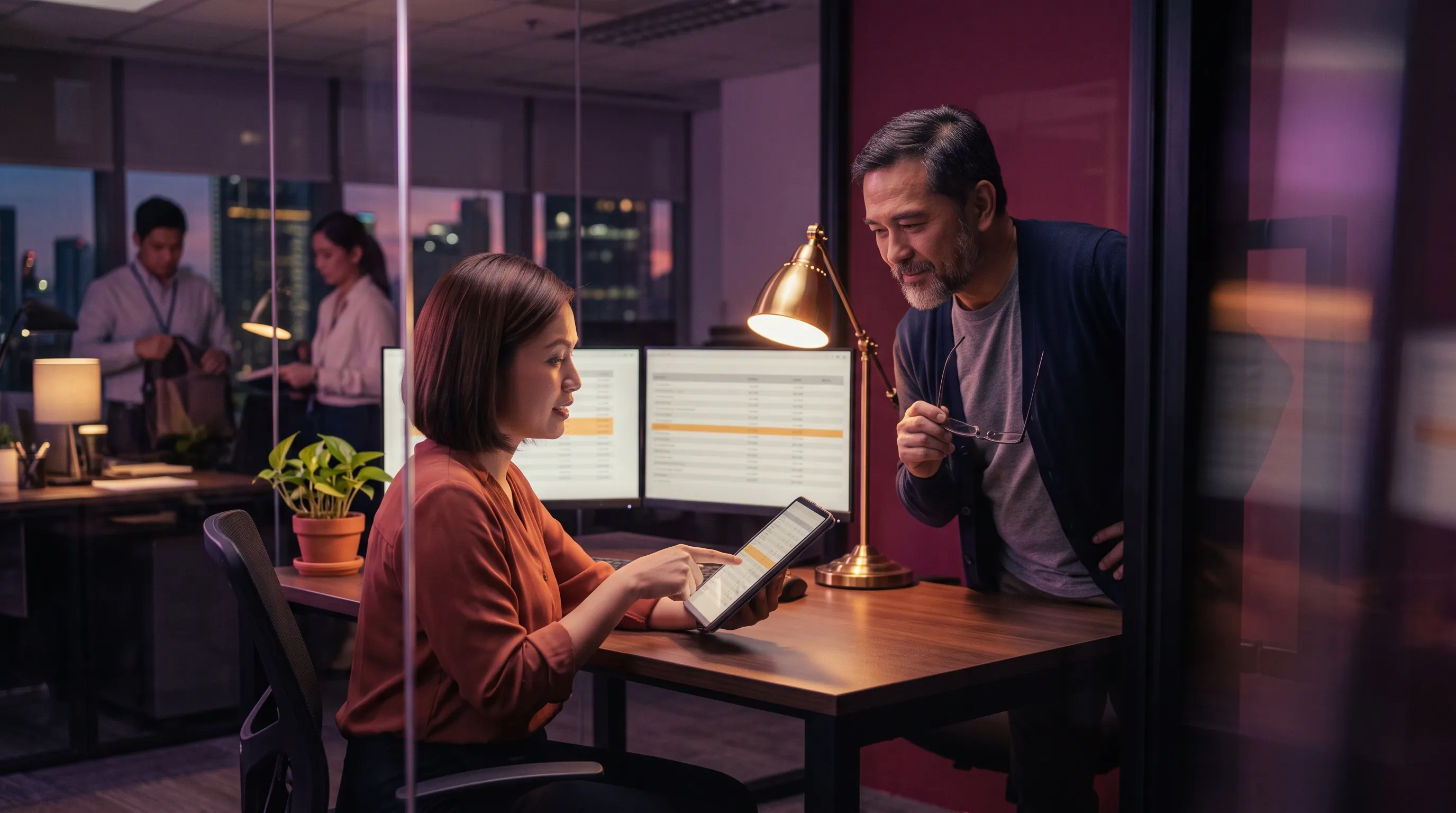 Accountant shows a senior colleague a flagged reconciliation variance on a tablet inside a glass meeting pod at night