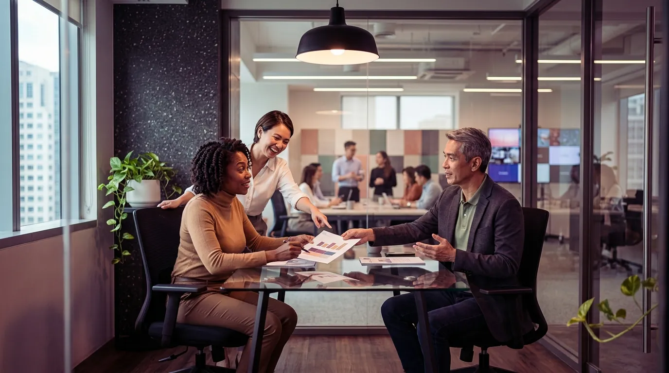 A remote staffing account manager hands a client a one-page report as a team lead leans in to point.