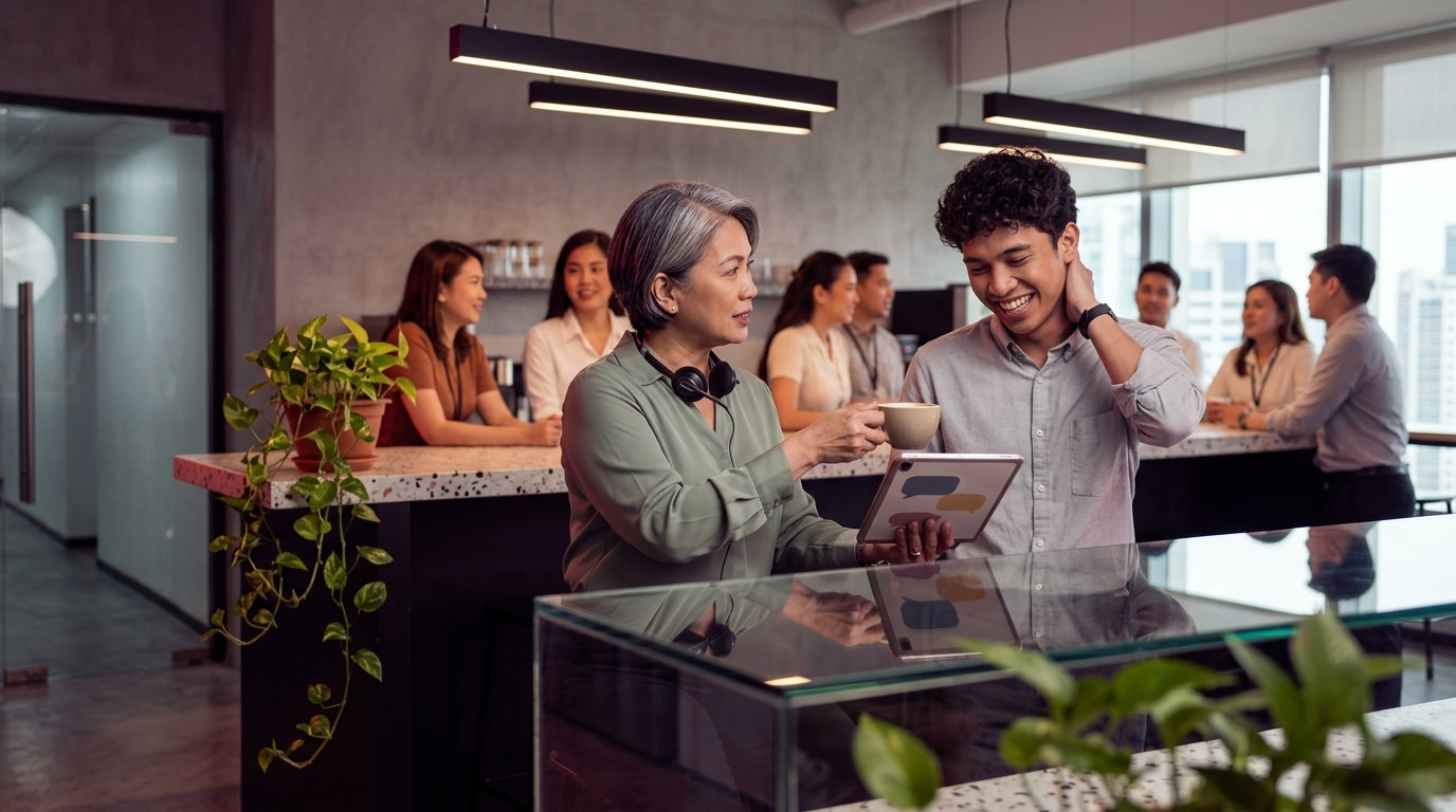 Senior agent shows a tablet to a new hire over coffee at a Manila pantry bar in a live chat outsourcing team office.