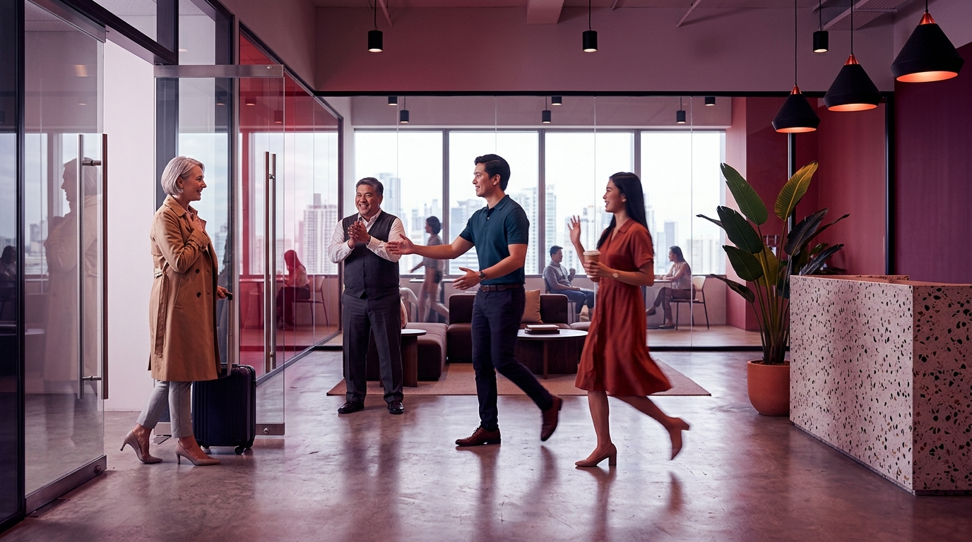 Offshore team members welcome a visitor with a carry-on at a glass door in a reception lounge.
