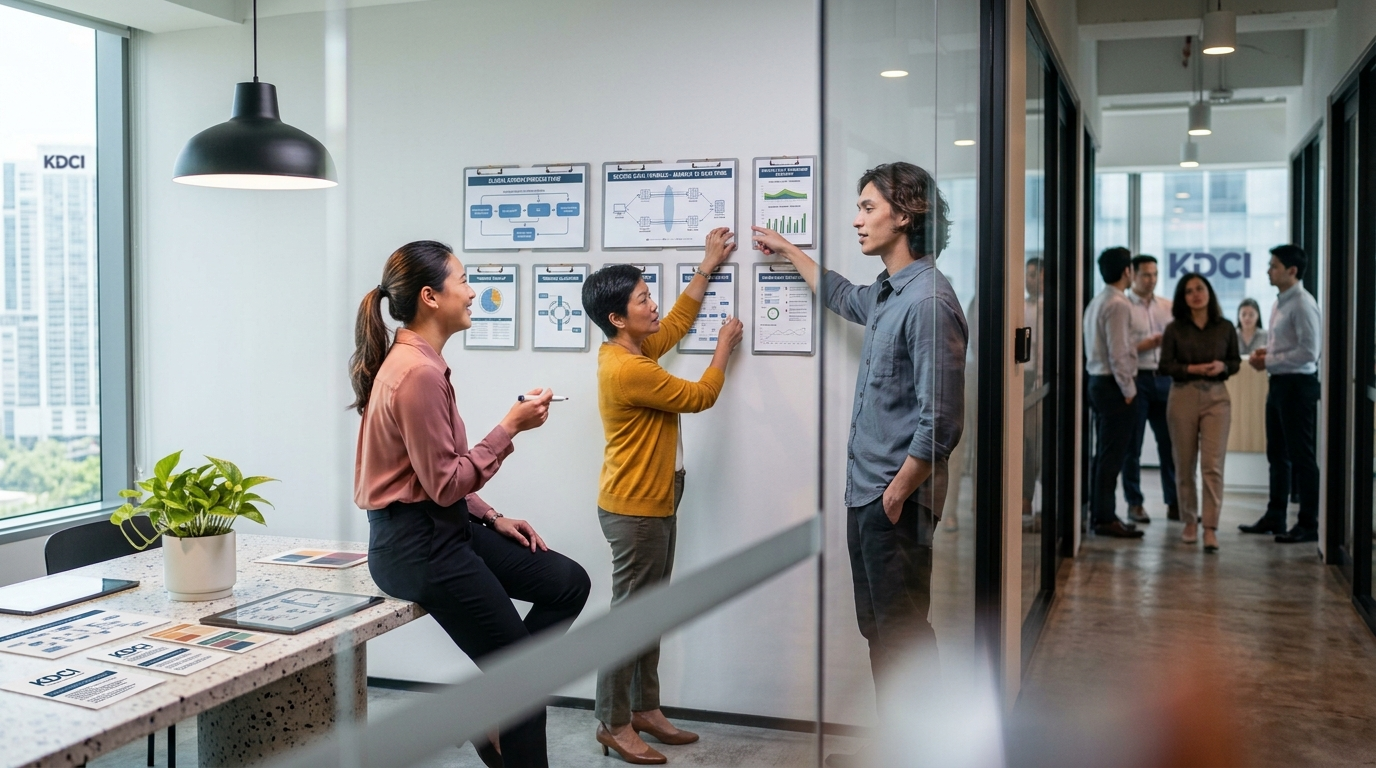 Three colleagues pin color-block cards onto a two-row wall in a glass war room, outsourcing companies in Sydney