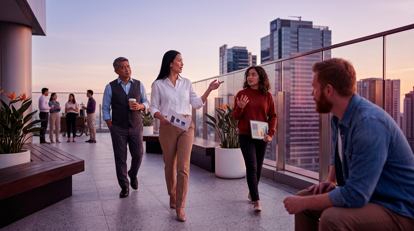Colleagues walk and talk on a rooftop terrace at golden hour, an accounting and finance outsourcing team in Manila.