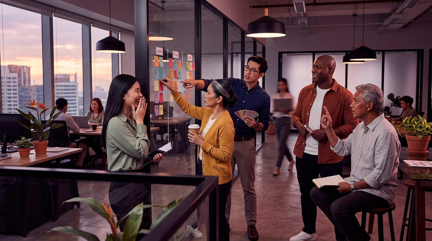 Customer service outsourcing team huddles at a color-block status board on an open-plan office floor in the morning