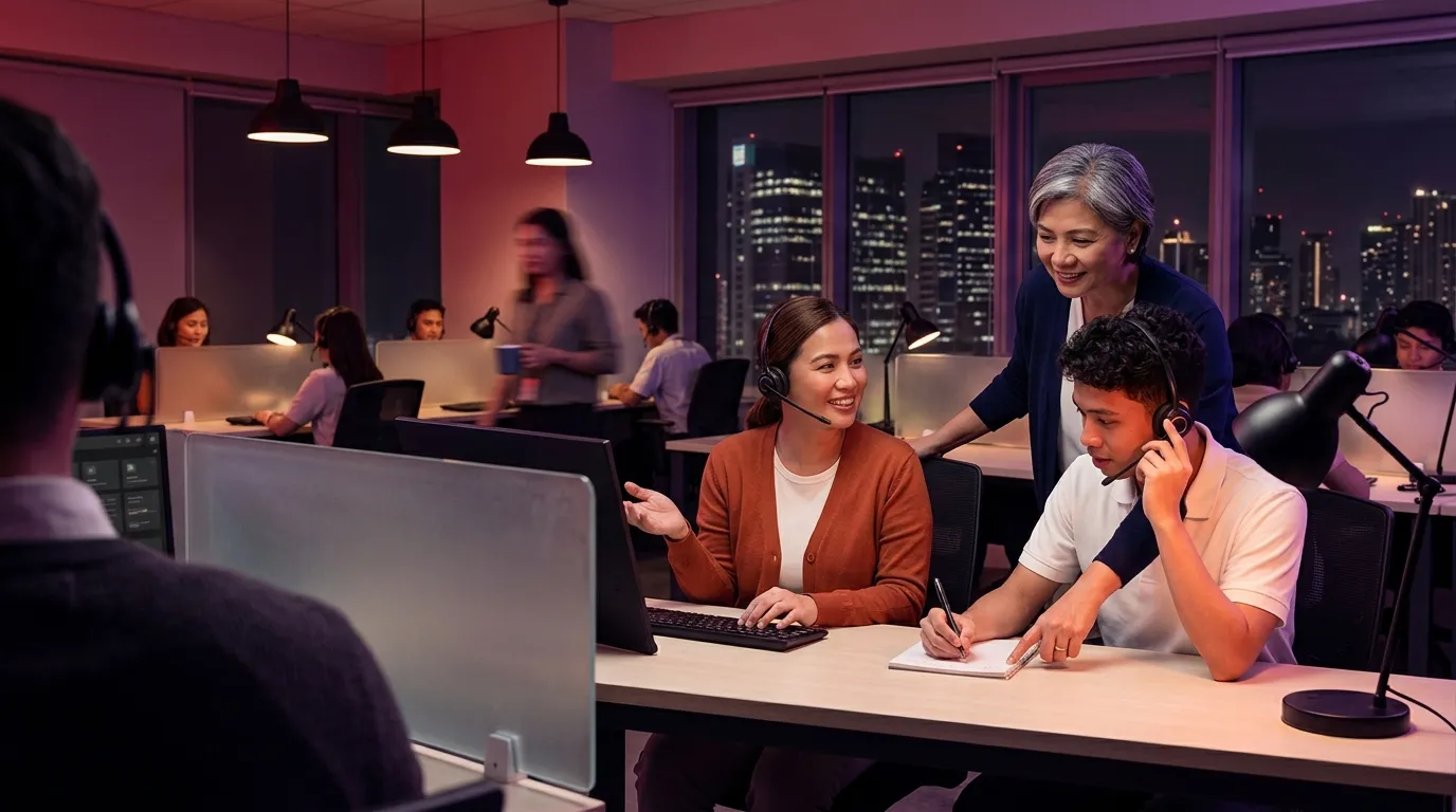 A trainee takes notes while shadowing a senior call center agent in the Philippines on a live night call.