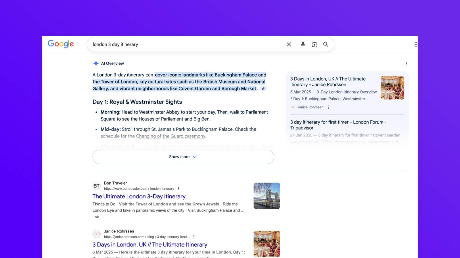 Screenshot of AI overview zero-click search results for the query "3 day London itinerary"