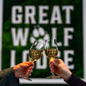 To hands toasting with full glasses with the Great Wolf Lodge Logo behind them reflecting in their glasses