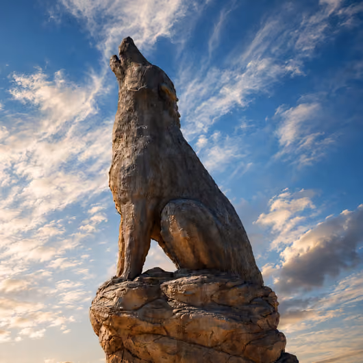 Large Great Wolf Lodge statue with sky and clouds behind it.
