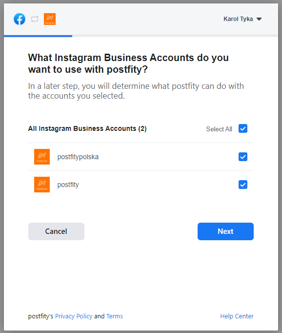 select accounts you want to add to Postfity