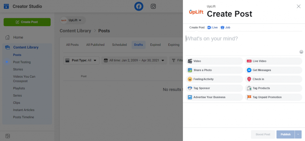 facebook draft post  creator studio