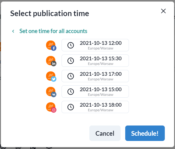 Selecting publication time for multiple platforms in Postfity