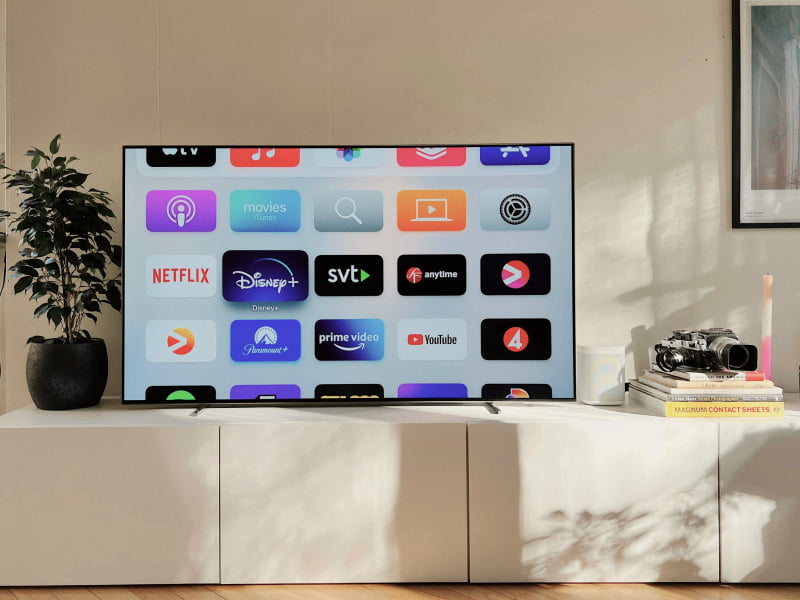 A TV on a TV stand. There is a stack of books and a potted plant beside the TV