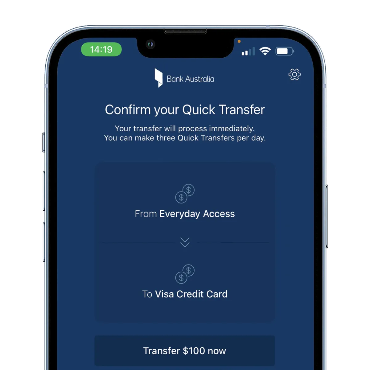 A phone showing a screengrab of the app. The screen reads 'Confirm your Quick Transfer'
