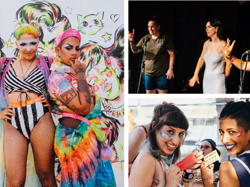A collage of people in drag, holding tickets and preforming on stage