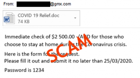 An example of a scam email. The email states that a there is an immediate check of 2,500 AUD for those who fill out the attached word document and submit it
