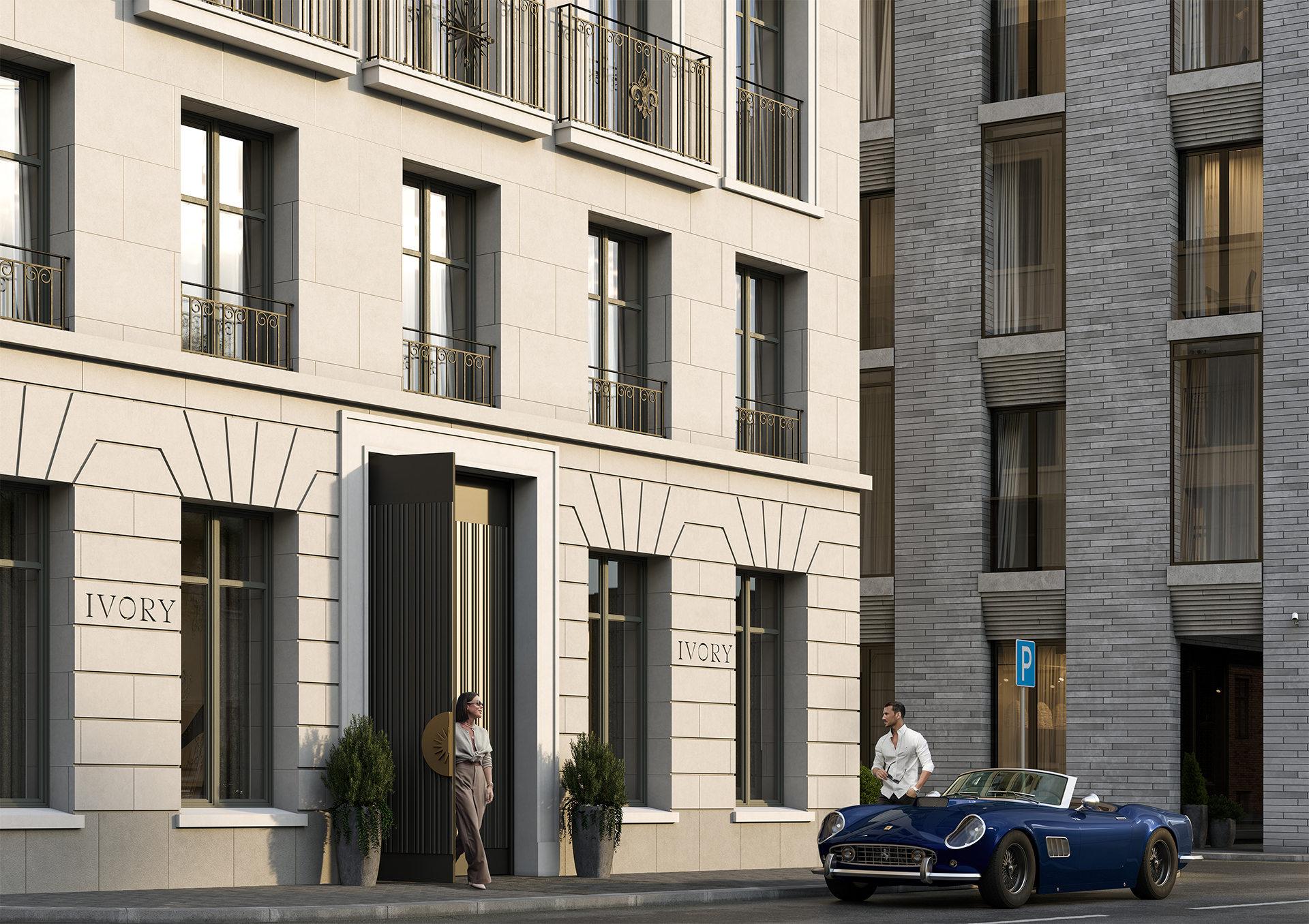 Ivory project thumbnail — exterior 3D render of residential building with people