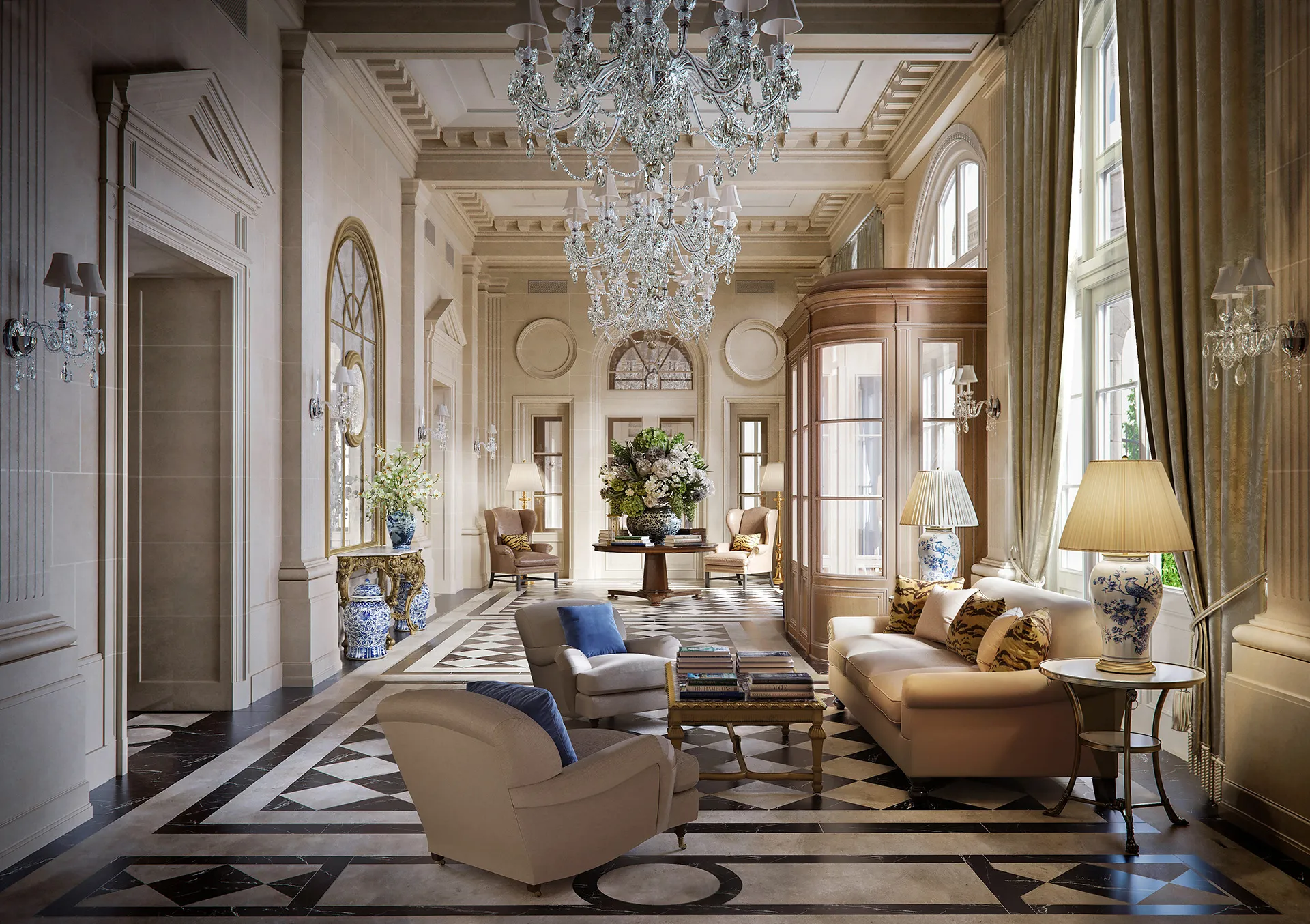 Lion Gate project thumbnail — interior 3D render of luxurious living room with chandelier
