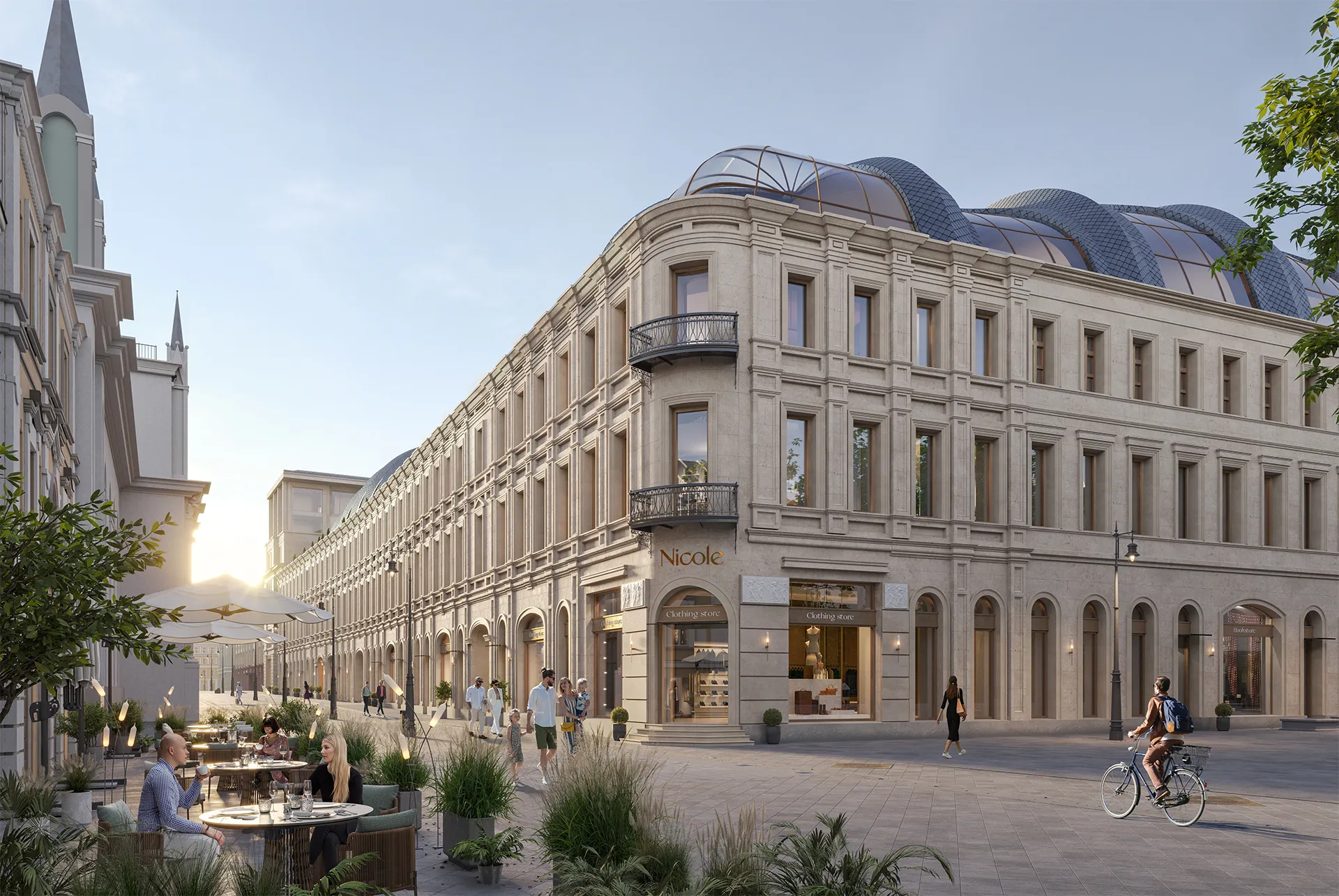 Nicole project thumbnail — street-level 3D render with retail and people