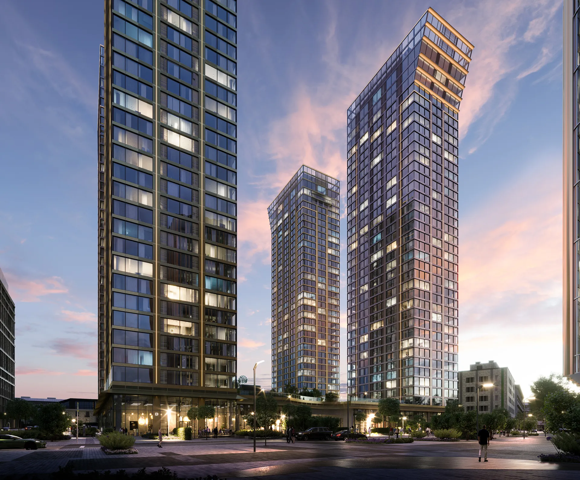 Slava project thumbnail — elevated 3D render of residential complex at sunset