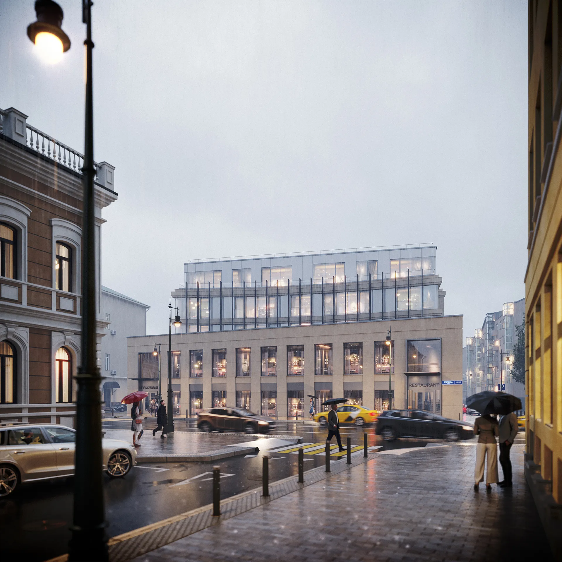 Sretenka project thumbnail — exterior 3D render on rainy Moscow street
