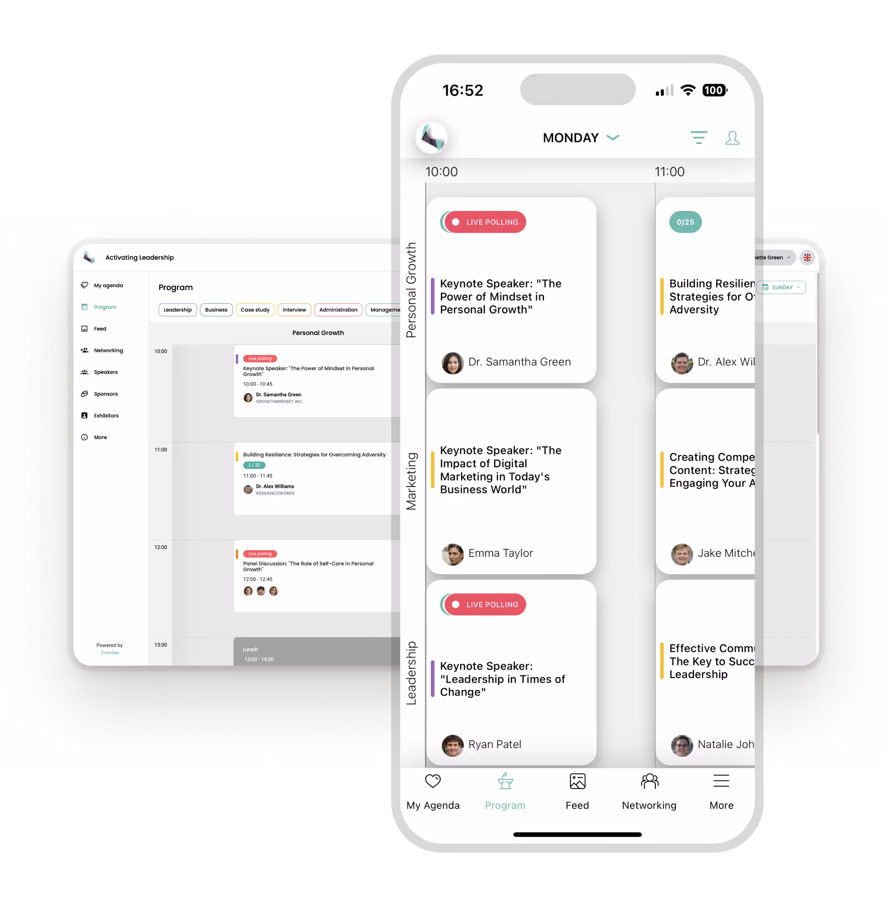 Screenshot of the Eventee mobile event app that shows the gamification leaderboard with attendee ranking based on the points they earned for using the app. There is a winner podium with three stands on top to highlight the best players.