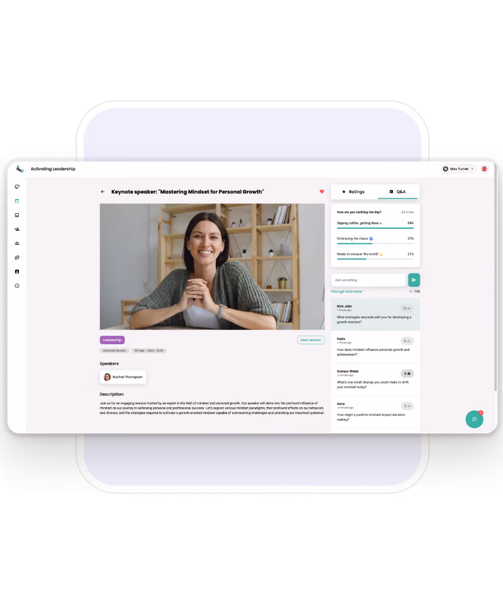 Screenshot of the Eventee hybrid event web app that shows a live stream with engagement features, such as Live questions next to it. Attendees can engage and go back to the schedule without interrupting the stream or going to a different platform.