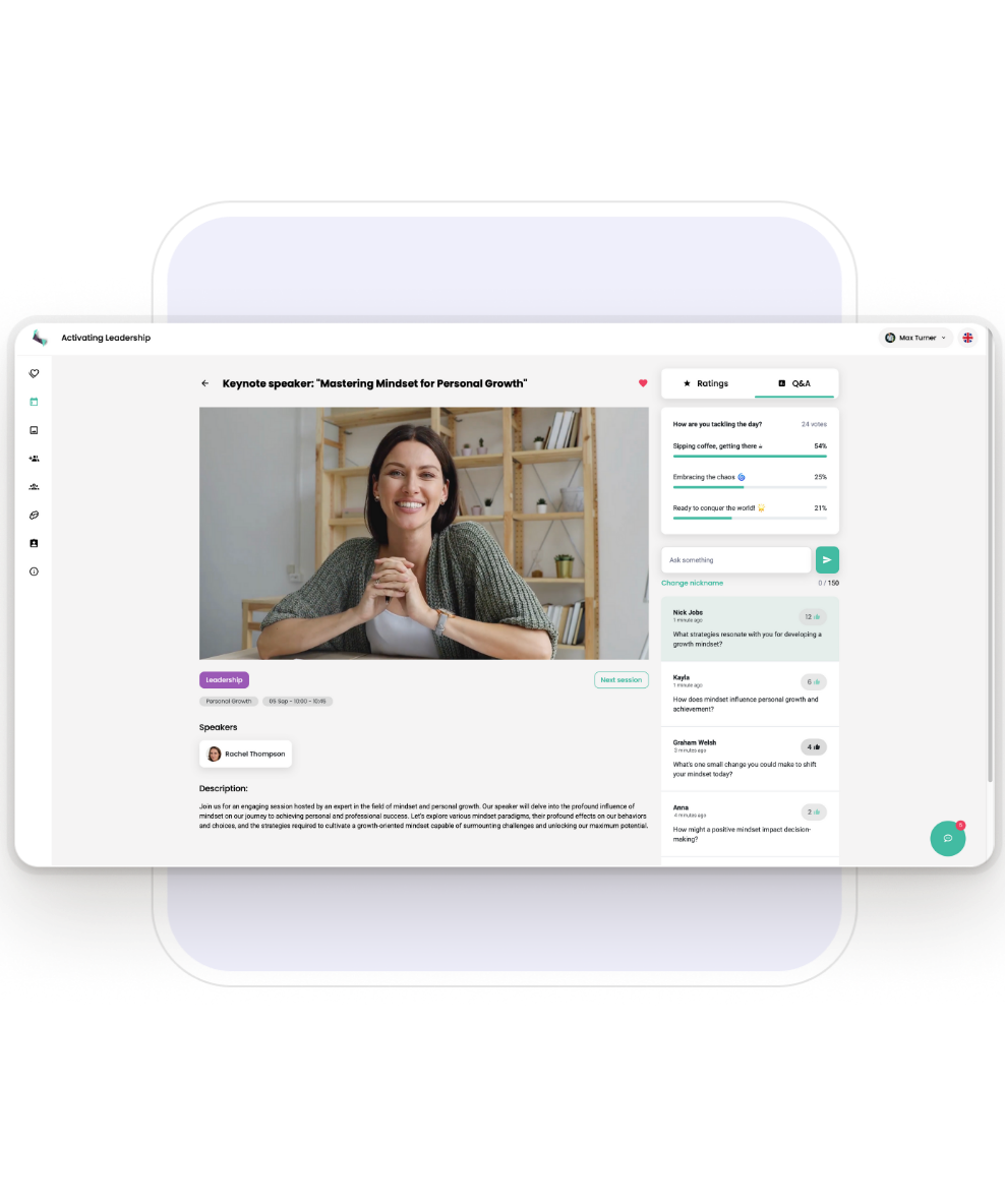 Captura de pantalla de la aplicación web de eventos híbridos Eventee que muestra una transmisión en vivo con funciones de participación, como preguntas en vivo al lado. Los asistentes pueden interactuar y volver a la programación sin interrumpir la retransmisión ni tener que ir a otra plataforma.