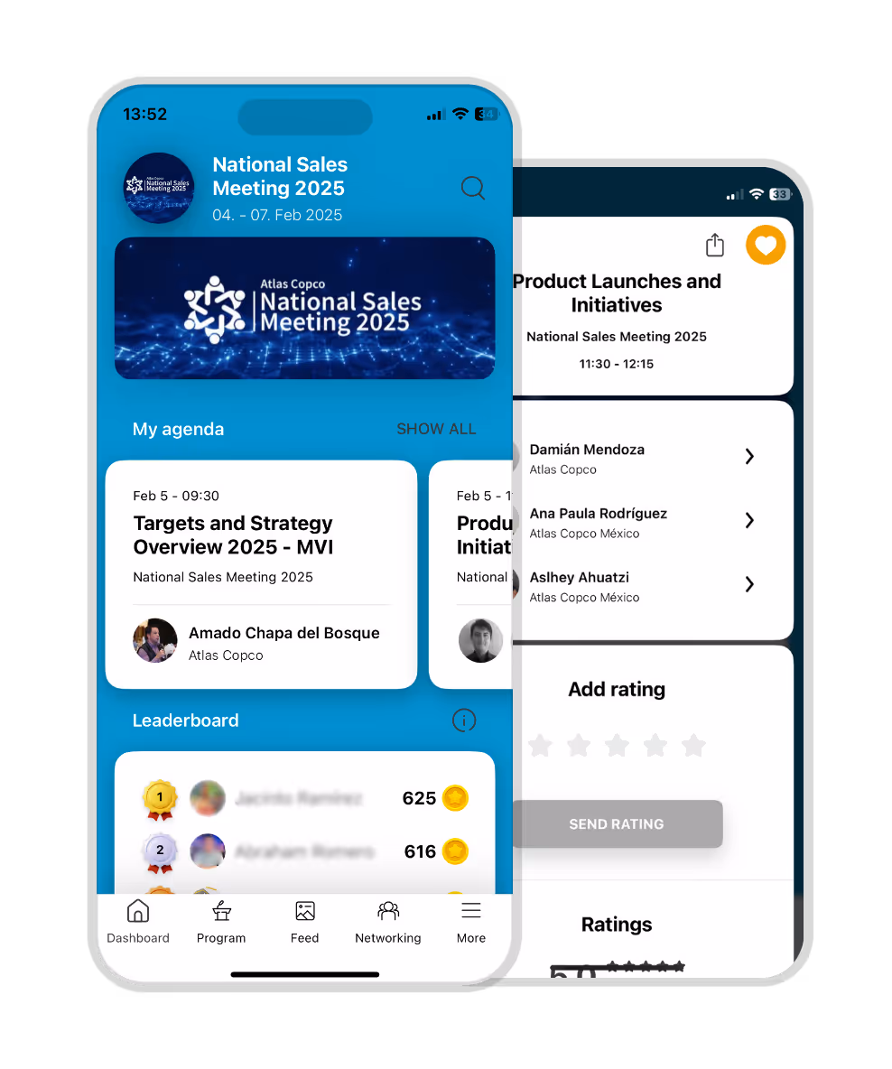 Screenshot of the Eventee mobile event app that shows the gamification leaderboard with attendee ranking based on the points they earned for using the app. There is a winner podium with three stands on top to highlight the best players.