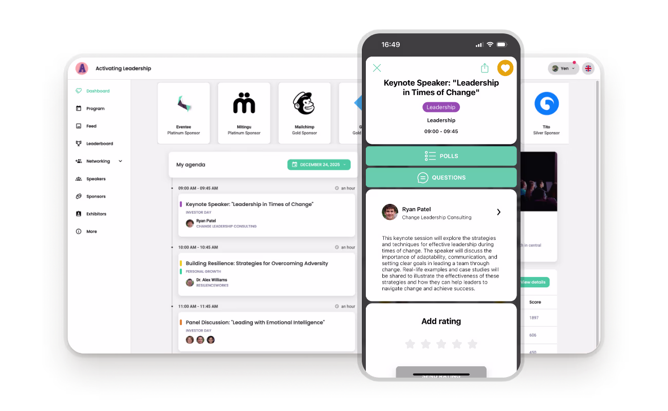 Screenshot des Eventee-Analysetools, in dem Eventorganisatoren die Interaktionsraten zusammen mit anderen wertvollen Eventdaten sehen können.