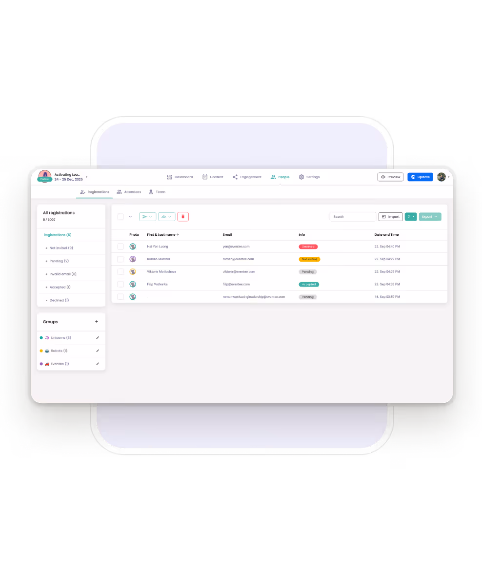 Screenshot of the Eventee mobile app that shows the dashboard with a personalized agenda created by attendees from the event schedule. Attendees can easily see what sessions they plan to attend during the day.