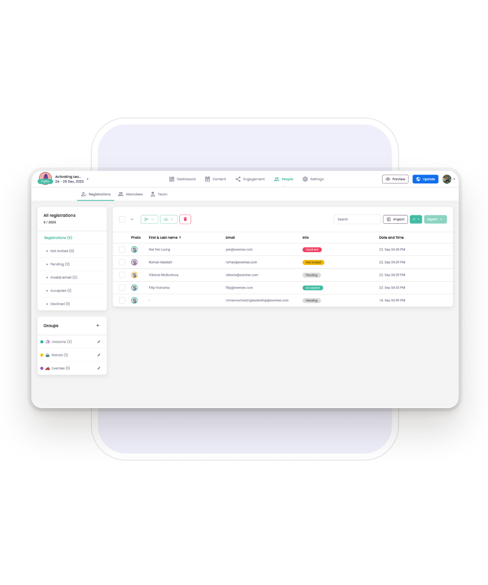 Screenshot der mobilen Eventee-App, die das Dashboard mit einer personalisierten Agenda zeigt, die von den Teilnehmern aus dem Veranstaltungsplan erstellt wurde. Die Teilnehmer können leicht sehen, an welchen Sitzungen sie im Laufe des Tages teilnehmen möchten.