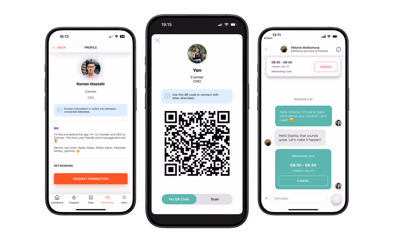 Tres teléfonos móviles que muestran la función de red. Perfiles de asistentes personalizados y chat privado en la aplicación.