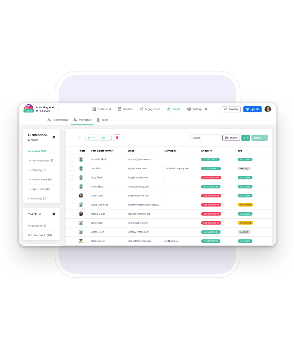 La administración de Eventee muestra la lista de asistentes con su estado. Los administradores de eventos pueden rastrear quién llegó.