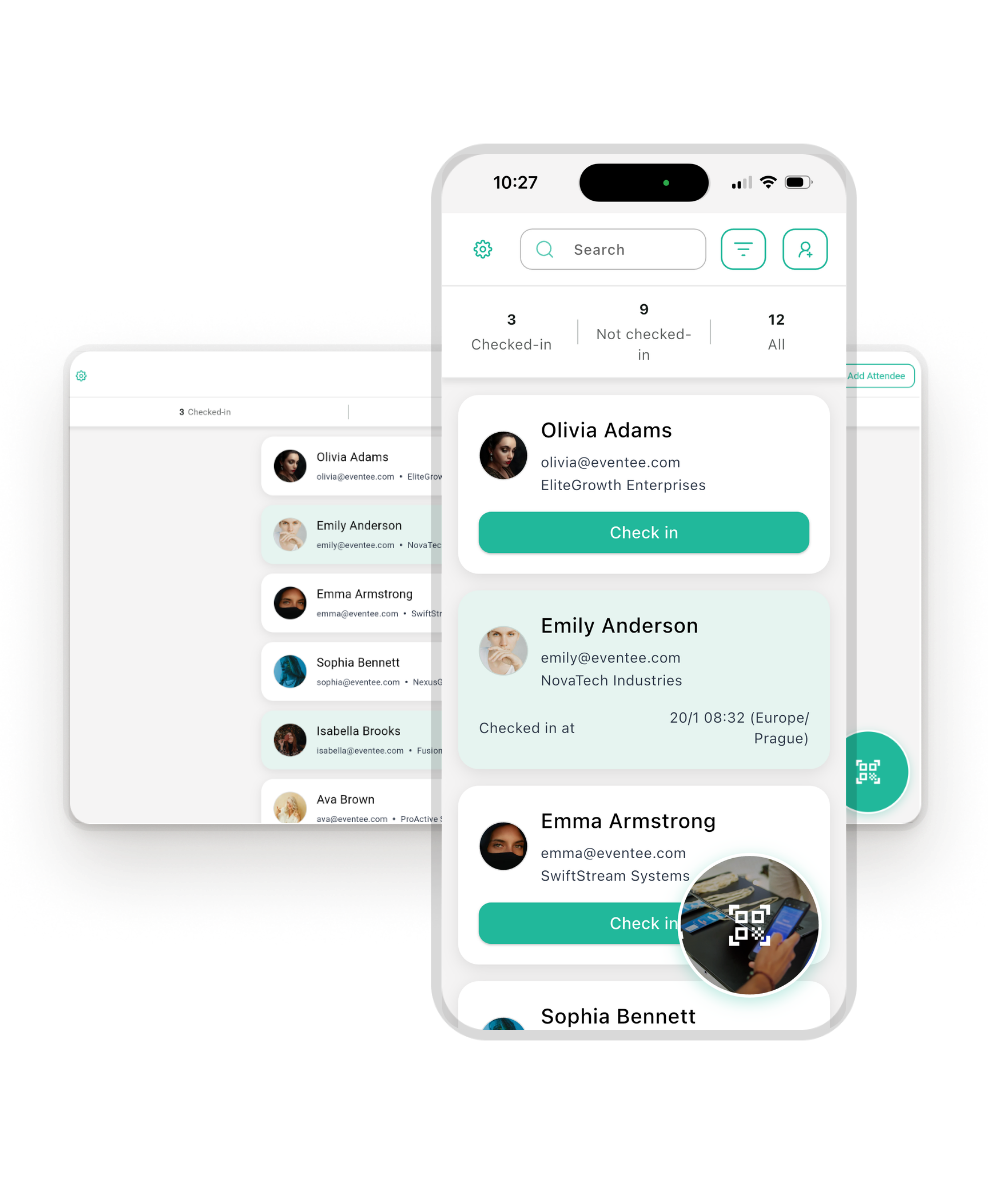 Captura de pantalla de la aplicación Eventee Check-in en el teléfono móvil y en el escritorio. 