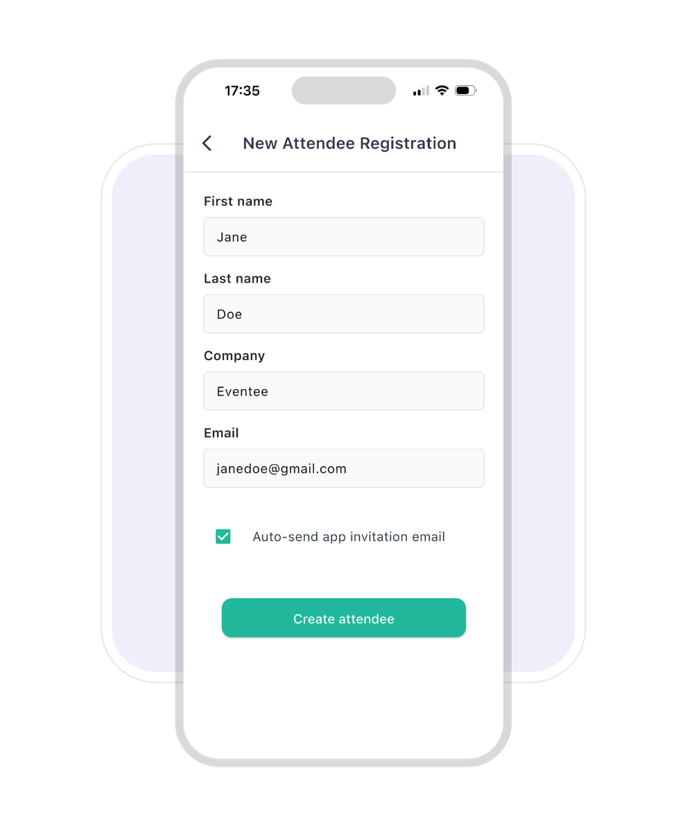 Captura de pantalla de la aplicación móvil de registro Eventee que muestra un formulario para añadir a un asistente que se haya registrado en la puerta.