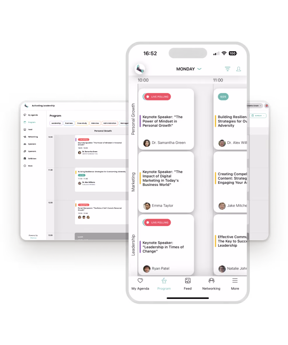 Aplicación web y móvil Eventee que muestra un calendario de eventos interactivo.
