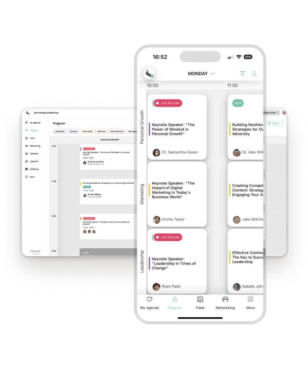 Aplicación web y móvil Eventee que muestra un calendario de eventos interactivo.