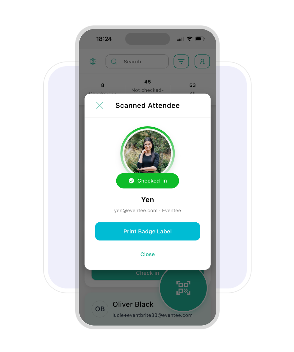 Captura de pantalla de la aplicación móvil de registro Eventee que muestra a un asistente registrado y la opción de imprimir la etiqueta de su credencial.
